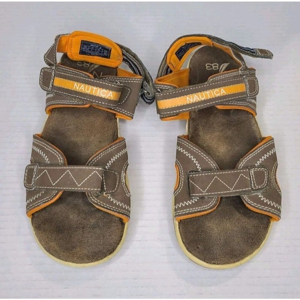 Nautica Boys Jamestown Orange Brown Vegan Leather Adj 3 Strap Size 6
